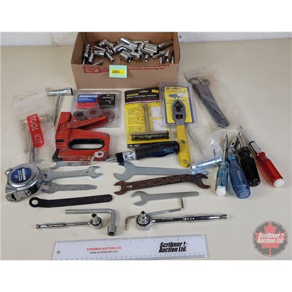 Variety of 1/2", 3/8" & 1/4" Drive Sockets, Spark Plug Wrenches, Tape Measure, Stapler, Multi Screwd
