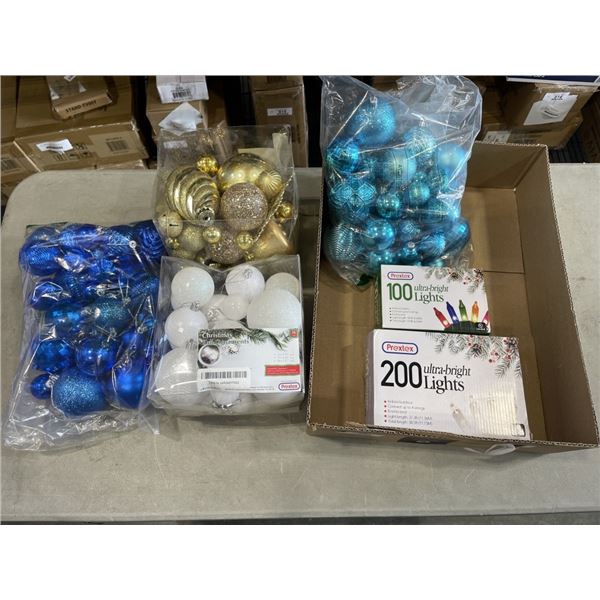 ASSORTED CHRISTMAS DECORATIONS AND LIGHTS