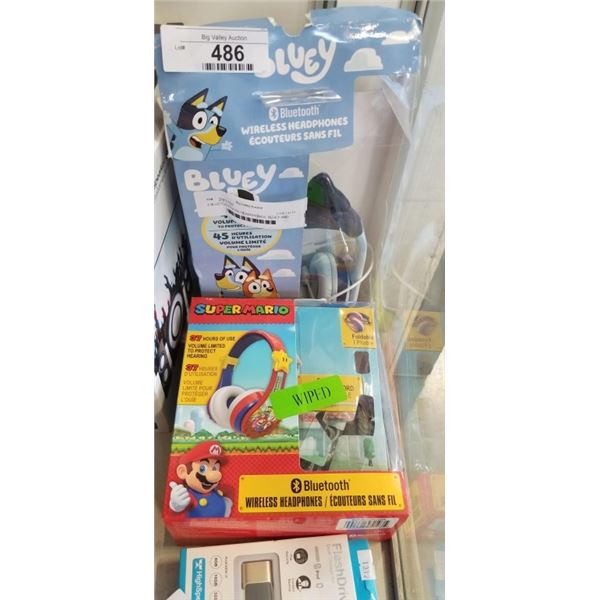 2 BLUETOOTH KIDS HEADPHONES, BLUEY AND SUPER MARIO - TESTED WORKING