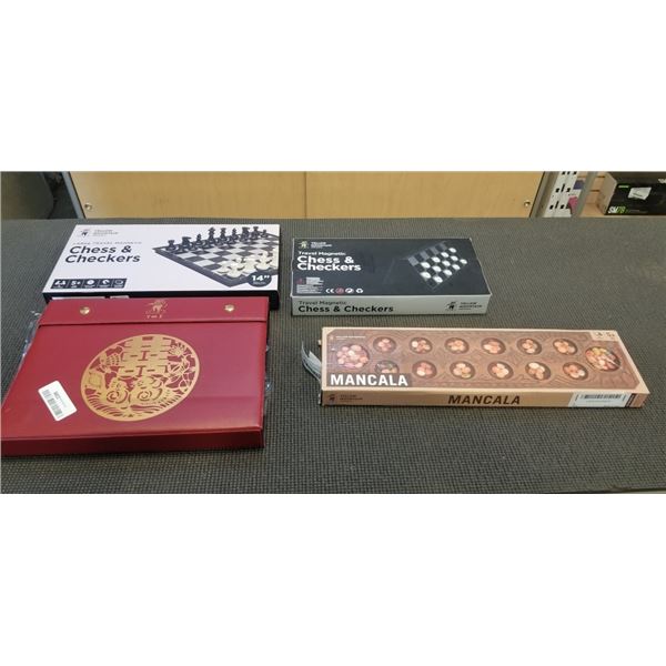 4 YELLOW MOUNTAIN GAMES INCLUDING MAJONG SET, 2 CHESS SETS ETC.