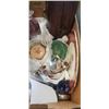 Image 2 : WOOD BOX WITH LI AND HANDLE, ROYAL WINTON CAKE PLATE, PAIR OF COBALT CANDLEHOLDERS AND ASSORTED ITEM