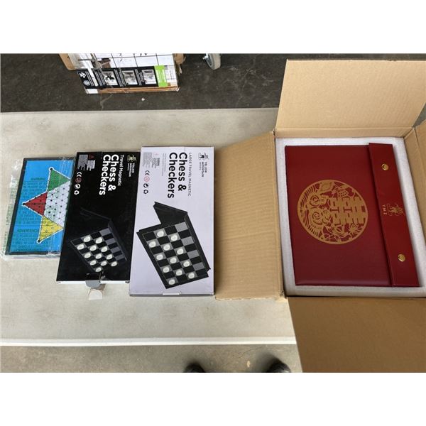 4 YELLOW MOUNTAIN GAMES INCLUDING MAJONG SET, 2 CHESS SETS ETC.