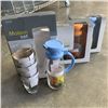 Image 1 : 2 BLUE AND 1 ORANGE OCEAN GLASSWARE MAISON SETS WITH GLASS PITCHER AND 4 GLASSES