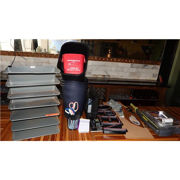 Misc Office Supplies: Metal Sorter, Open Sign, Calculators, Scissors, Clip Boards, etc