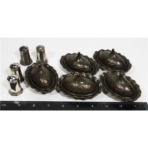 LOT OF SMALL DECORATIVE DINNER TRAYS AND SALT &