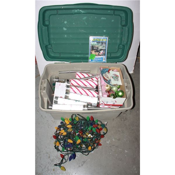 LARGE TOTE OF CHRISTMAS DECOR WITH CHRISTMAS TREE