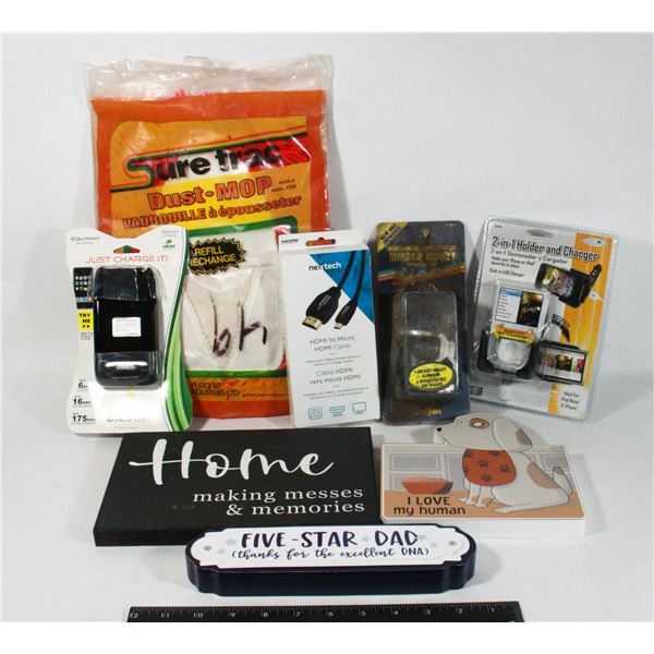 LOT OF SMALL SIGNS, CHARGERS, DUST MOP ETC