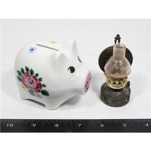 CERAMIC PIGGY BANK SOLD WITH VINTAGE OIL