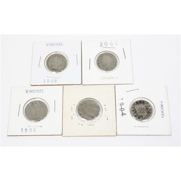 FIVE USA VICTORY NICKELS INCLUDING YEARS 1902,