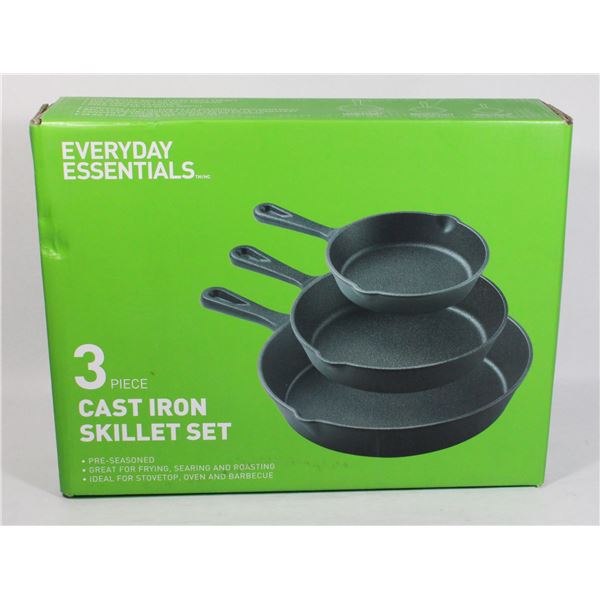 NEW EVERYDAY ESSENTIALS 3PC CAST IRON SKILLET SET