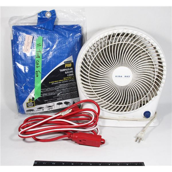 TARP, EXTENSION CORD AND FAN
