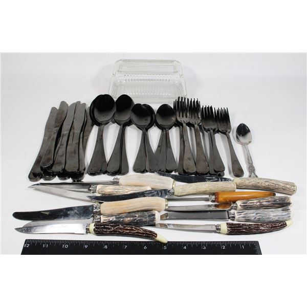 LARGE LOT OF SILVERWARE AND A GLASS TWO PIECE