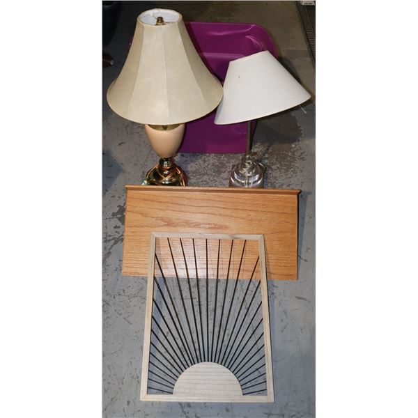 TWO LAMPS WITH SHADES ALONG WITH DECOR ITEMS