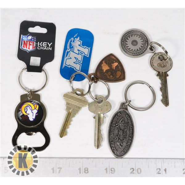LOT OF ASSORTED KEYCHAINS WITH KEYS