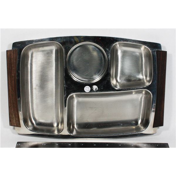 VINTAGE STAINLESS STEEL DIVIDED TRAY WOOD TEAK