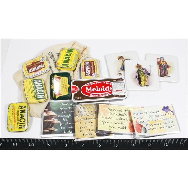 LOT OF VINTAGE XS TINS AND FRIDGE MAGNETS