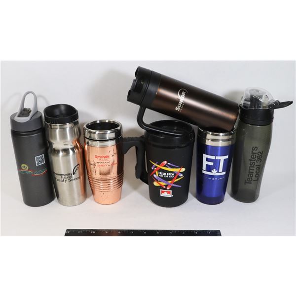 LOT OF COMMUNITY LOGO TRAVEL MUGS