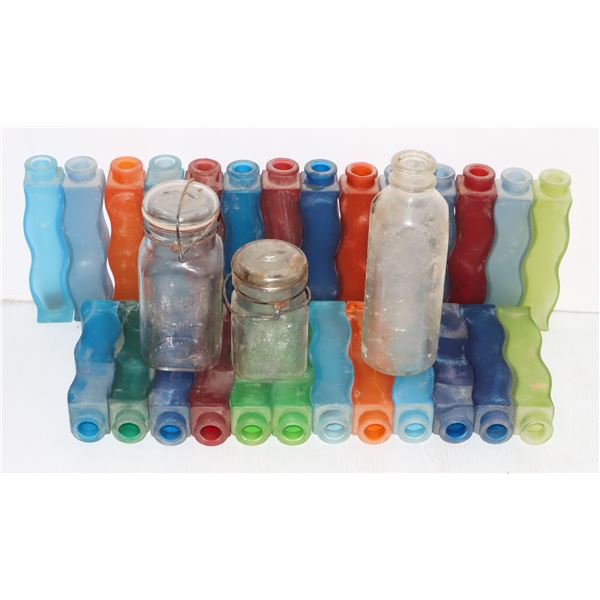 LOT OF MILK BOTTLES AND OTHER GLASS JARS ETC WITH