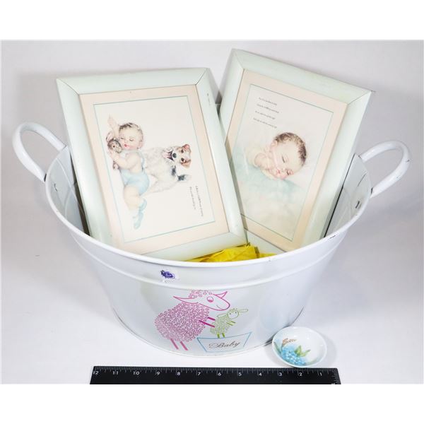 BABY LOT. LARGE ENAMEL TIN AND TWO BABY PRINTS