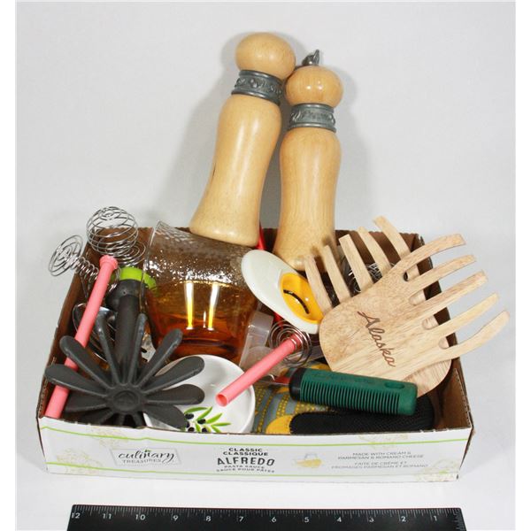 LARGE FLAT OF MISC KITCHEN ITEMS