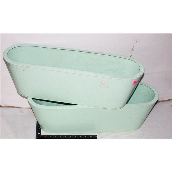 TWO LIGHT GREEN METAL PLANTERS