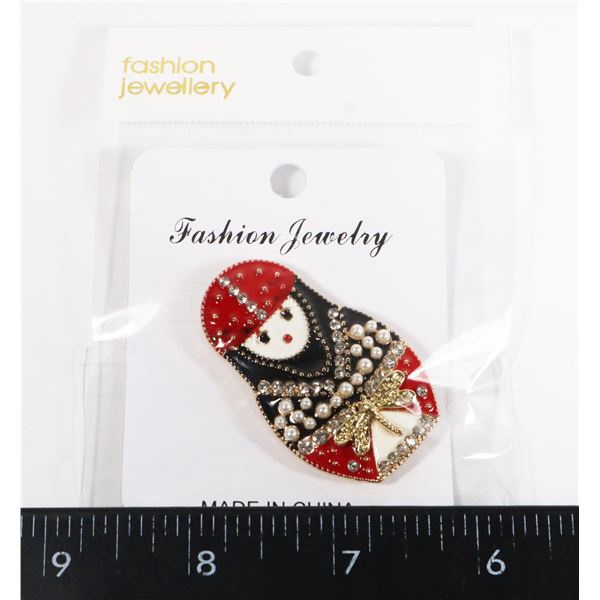 NEW RHINESTONE AND FAUX PEARL MATRYOSHKA DOLL RED,