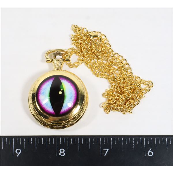 NEW GOLD TONE DRAGON EYE POCKET WATCH WITH CHAIN