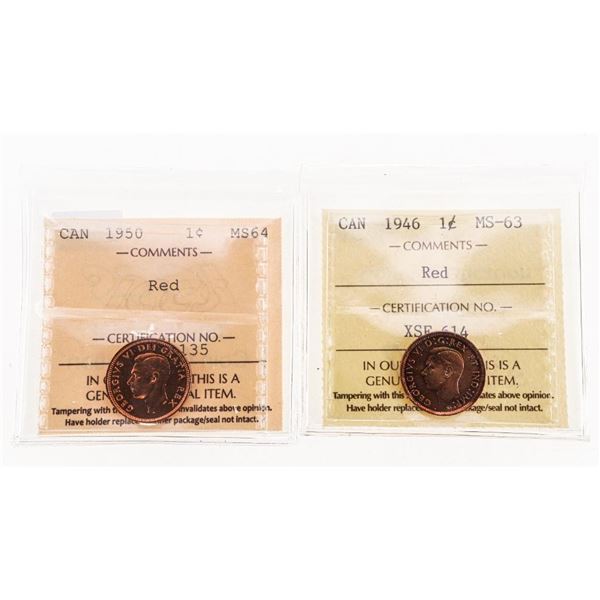 Lot 2 Canada One cent -1946 Red MS 63 & 1950 Red MS64 ICCS