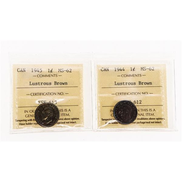 Lot 2 Canada 1944 & 1945 One cent Lustrous Brown MS62 ICCS