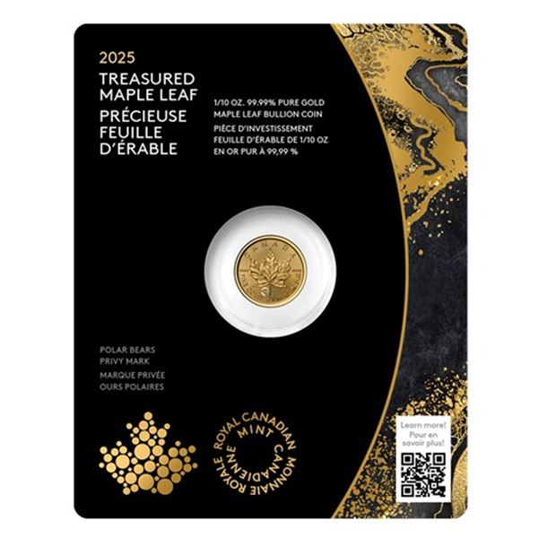 24kt. (.9999) Pure Gold Treasured Gold Maple Leaf: Polar Bears Privy Mark - 1/10 oz. 99.99% Pure Gol