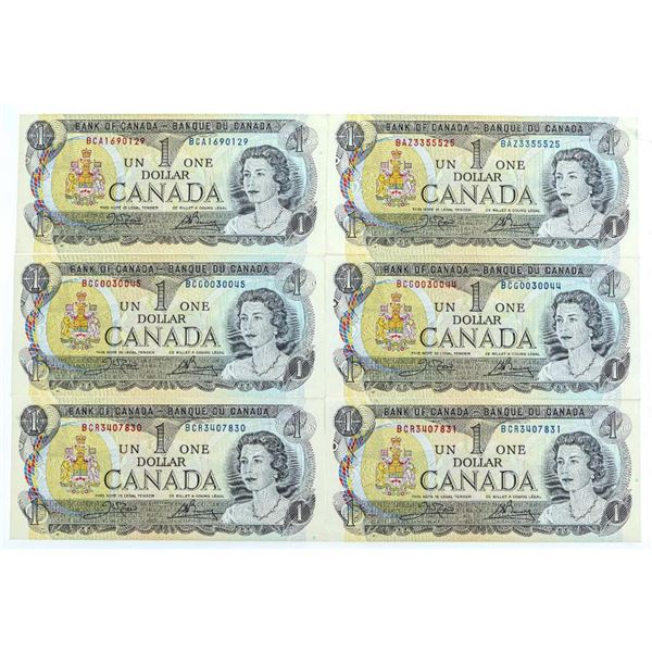 Bank of Canada 1973 One Dollar - 3 Sets of 2 in Sequence UNC (6 Notes)