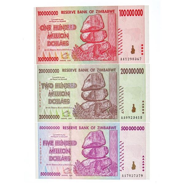 Group of 3  Reserve Bank of Zimbabwe - One Hundred,Two hundred & Five Hundred Million Dollar Notes -