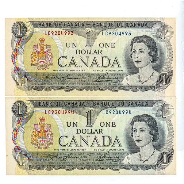 Bank of Canada 1973 One Dollar - Sequential Pair UNC
