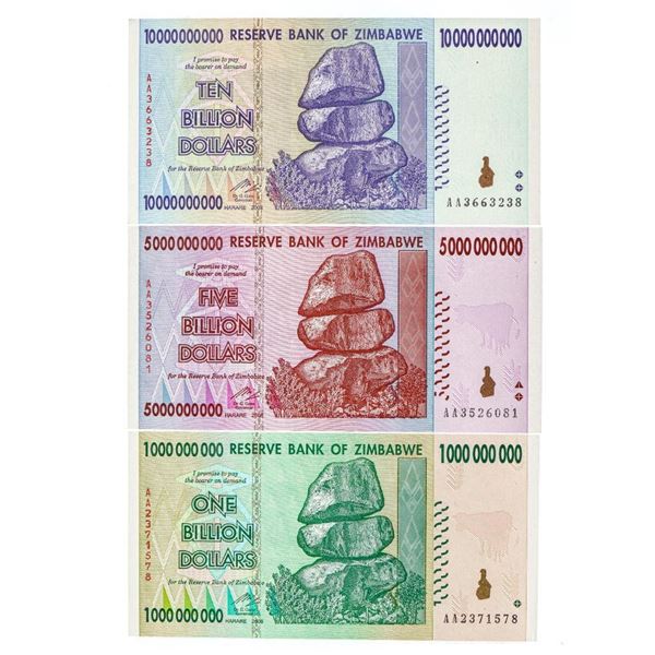 Group of 3  Reserve Bank of Zimbabwe - One, Five, & Ten Billion Dollar Notes - UNC w/ Serial Numbers