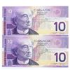 Image 1 : Set 2 x Bank of Canada Issue 2001 /Printed 2002 Ten Dollars Choice UNC