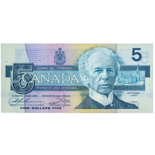 Bank of Canada 1986 Five Dollars (FNX) Large F Gem UNC Olmstead Original Collection - Replacement