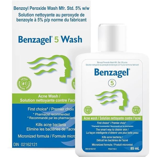 4 Boxes of Benzagel 5% Benzoyl Peroxide Acne Wash - 85 mL Each - Prevents & Kills Acne Bacteria; New