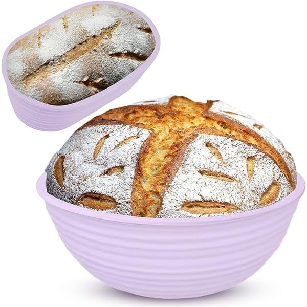 2 Sets of Silicone Bread Proofing Baskets (2pcs Each) - Includes 10" Oval & 9" Round - Purple - New