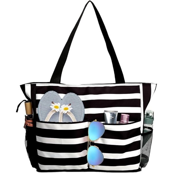 3 Large Beach Bags for Women - Waterproof Beach Tote Bags - 17" x 15" Size; Black/White Stripes; New
