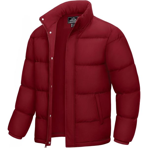 1 Mens Hooded Down Jacket/Full-Zip Puffer Windproof Water Resistant Jacket; Wine Red - Size L - New