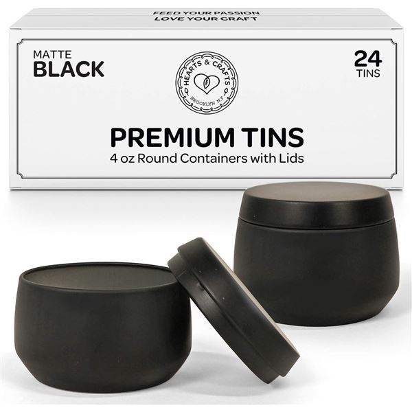 1 Box of Hearts & Crafts Premium Candle Tins - 4oz Round w/ Lids - 24 Tins - Black - New in Box