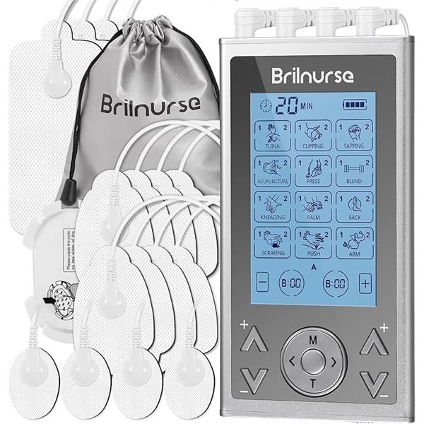 1 Brilnurse TENS Machine/Muscle Stimulator w/ 24 Modes & 16 Electrode Pads; For Pain Relief - New