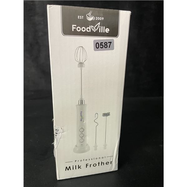 1 FoodVille Professional Milk Frother w/ 3 Whisks & Charging Stand - Rechargeable Design - New