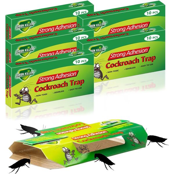 Green Killer 50PC Cockroach Traps - Glue Roach Traps for Indoors - Non-Toxic - (5 x 10pc Boxes) New