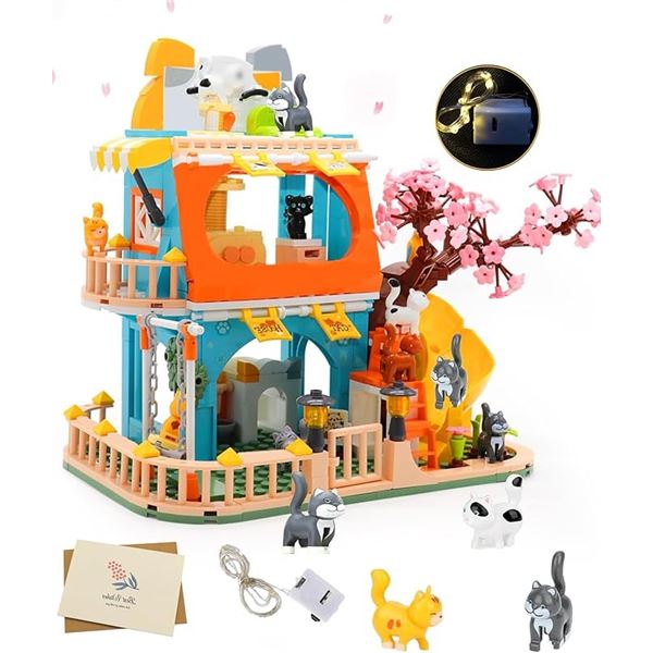 1 Cat Animal House "Lego" Style Building Block Toy Set; Buildable Cat House with LED Light - New