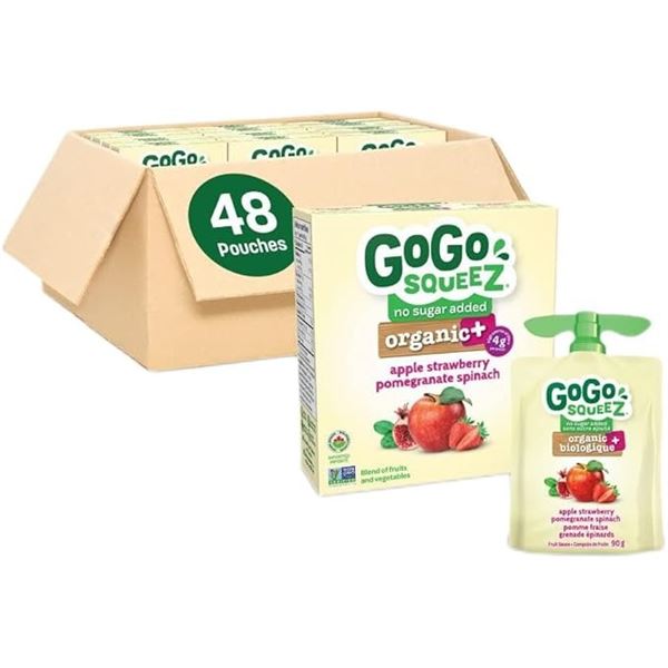 1 Case of GoGo Squeez Organic+ Fruit Pouches - Apple Strawberry Pomegrante Spinach - 48 Pouches