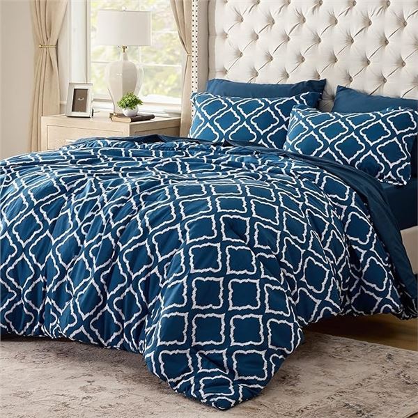 1 Bedsure Twin Size Bed Comforter Set - 68" x 88" - Navy Blue/White Geometric Design - New