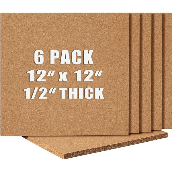 6-Pack of Self-Adhesive Cork Board Tiles for Walls - 12" x 12" Size - Great for Home/Office - New