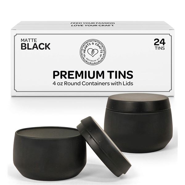 1 Box of 24 Matte Black Premium 4oz Multipurpose Candle Tins with Lids - New
