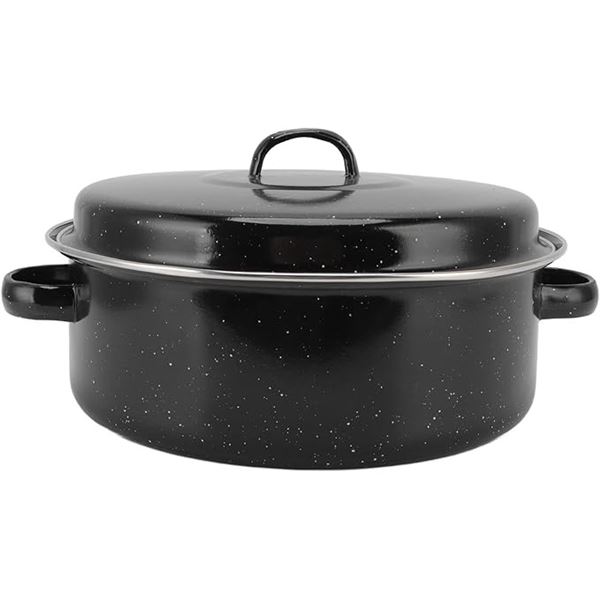 1 Casserole Dish with Lid - 11 inch Size; Black Enamel Dotted Finish - New in Box